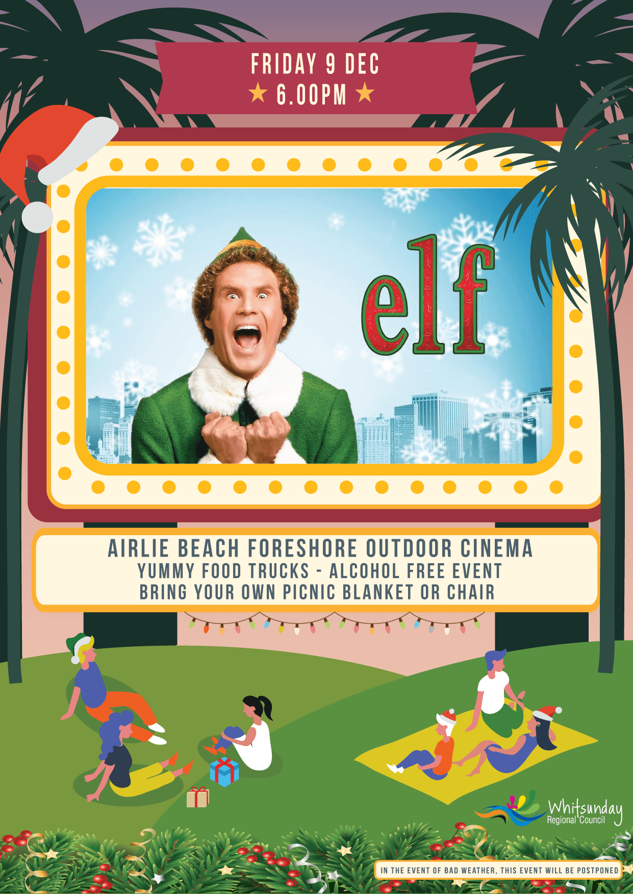 Event Poster for Christmas Movie Special: Elf @ Airlie Beach Foreshore | EventsontheHorizon.com