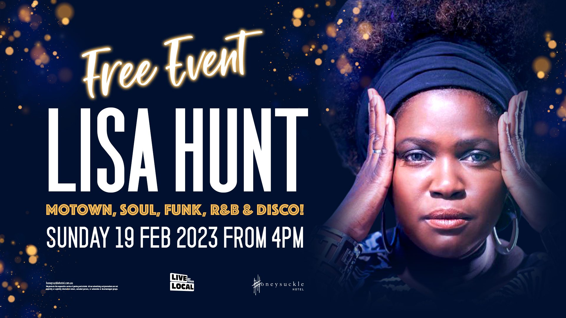 Event Poster for Lisa Hunt (Live) @ Honeysuckle Hotel | Newcastle | EventsontheHorizon.com