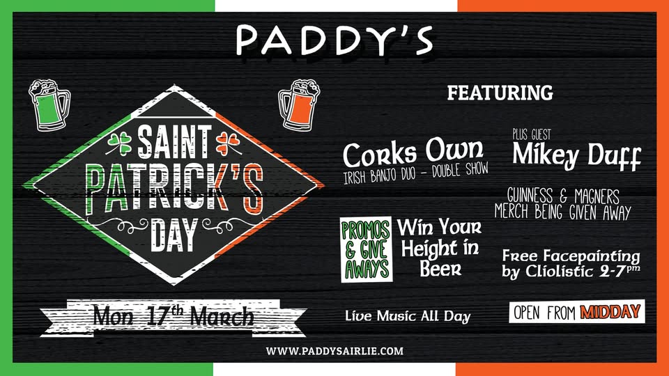 Event Poster for St Patricks Day @ Paddy’s Shenanigans | Airlie Beach | EventsontheHorizon.com