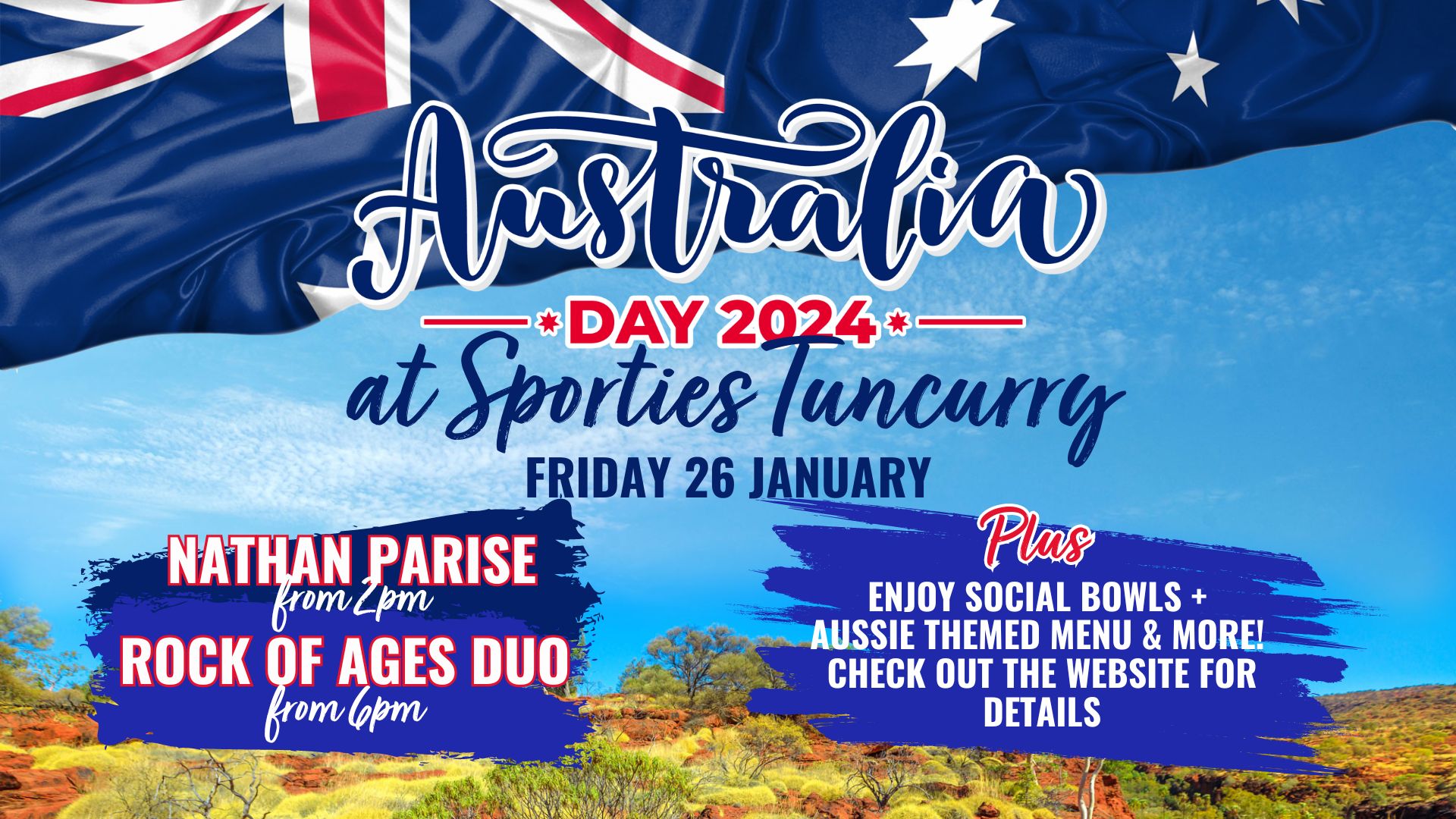 Event Poster for Australia Day Fun @ Sporties Tuncurry | EventsontheHorizon.com
