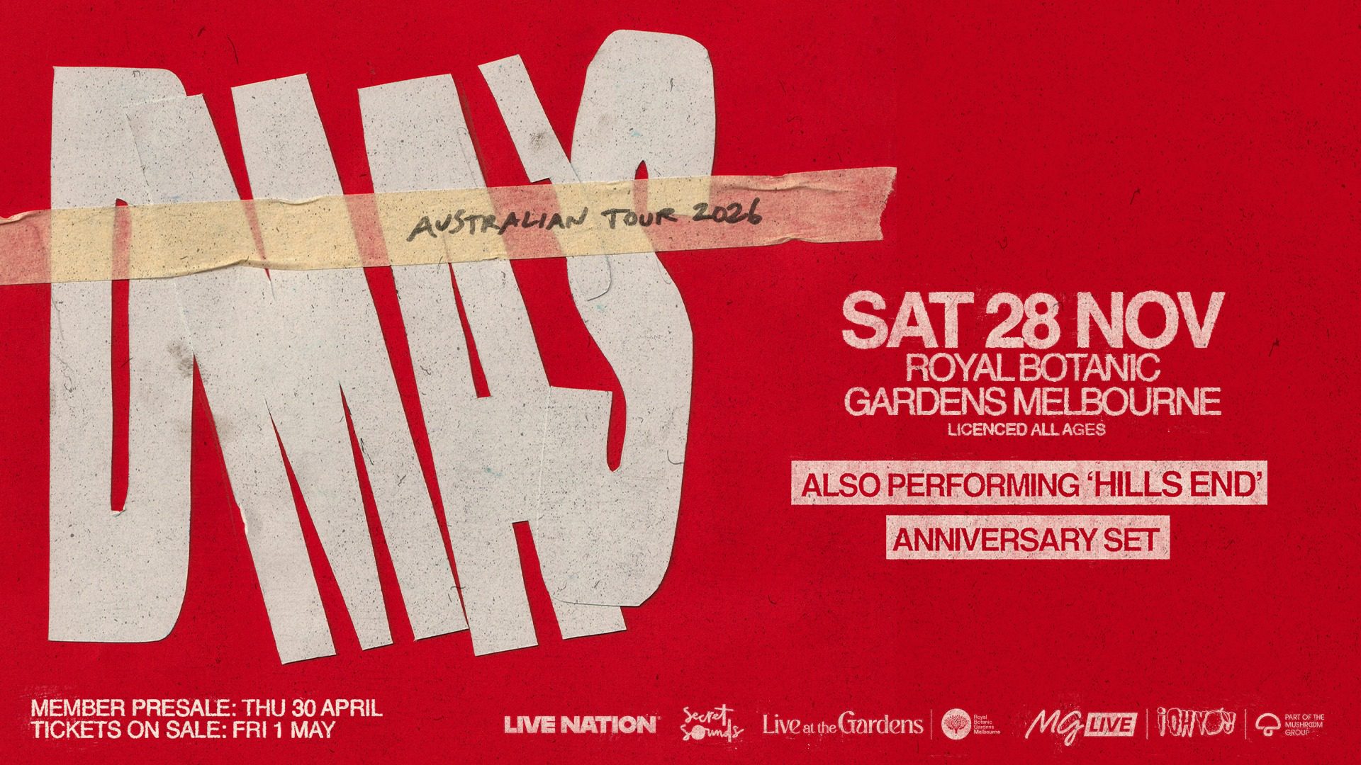 Event Poster for Live At The Gardens – DMA’S | Melbourne | EventsontheHorizon.com