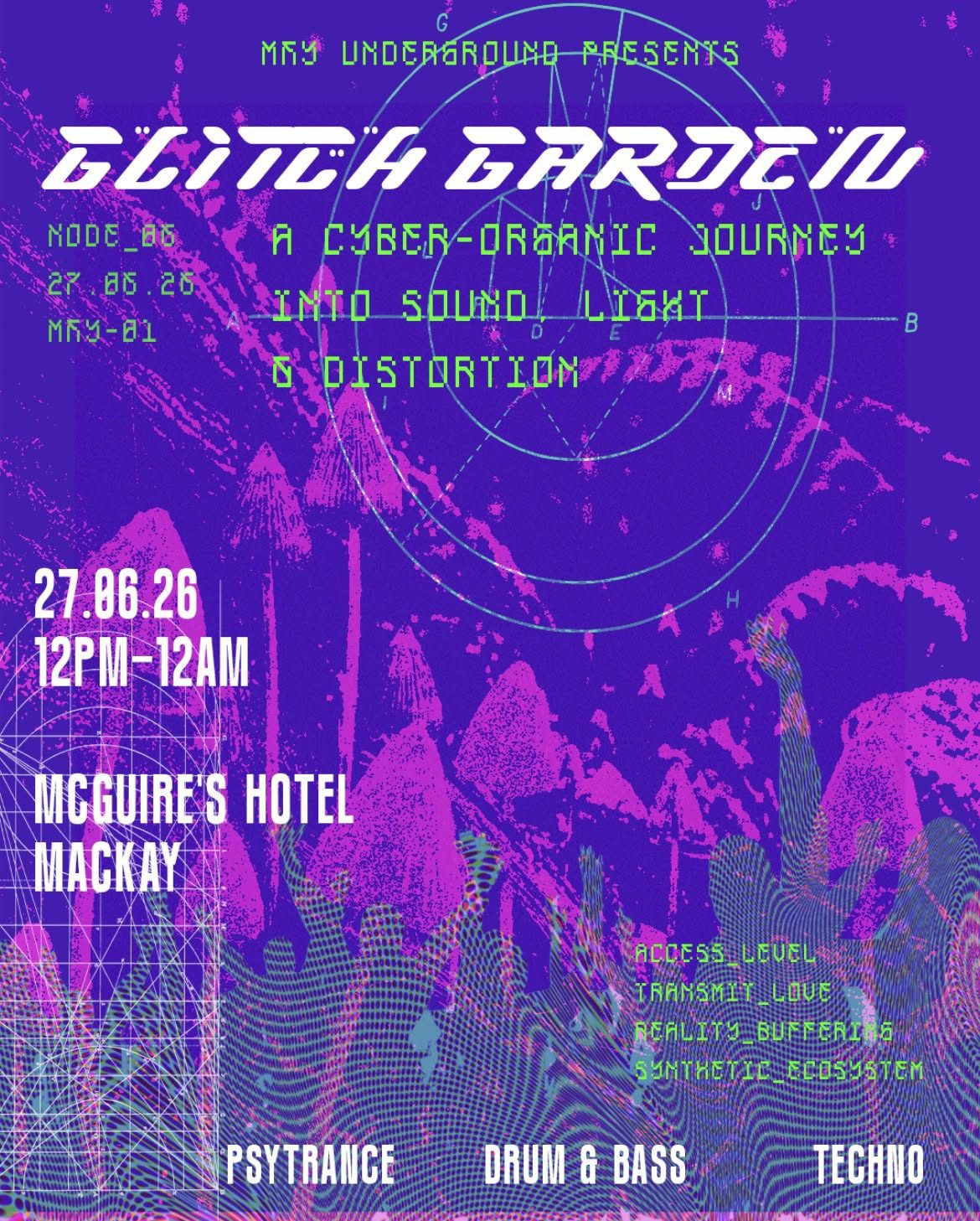 Event Poster for Glitch Garden @ McGuires Hotel | Mackay | EventsontheHorizon.com