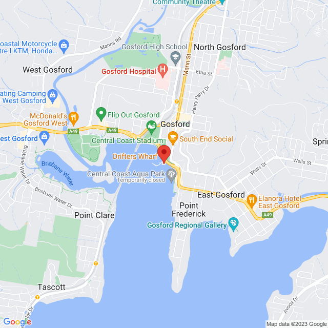 Map of event location, British India – Rolled Gold Tour 2023 @ Drifters Wharf | Gosford | EventsontheHorizon.com
